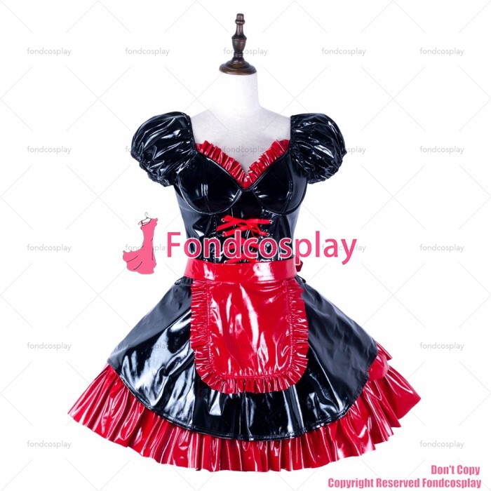 fondcosplay adult sexy cross dressing sissy maid red black thin pvc dress lockable Uniform apron costume CD/TV[G2287]