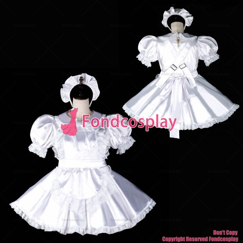 fondcosplay adult sexy cross dressing sissy maid short white satin dress lockable Uniform apron costume CD/TV[G2395]
