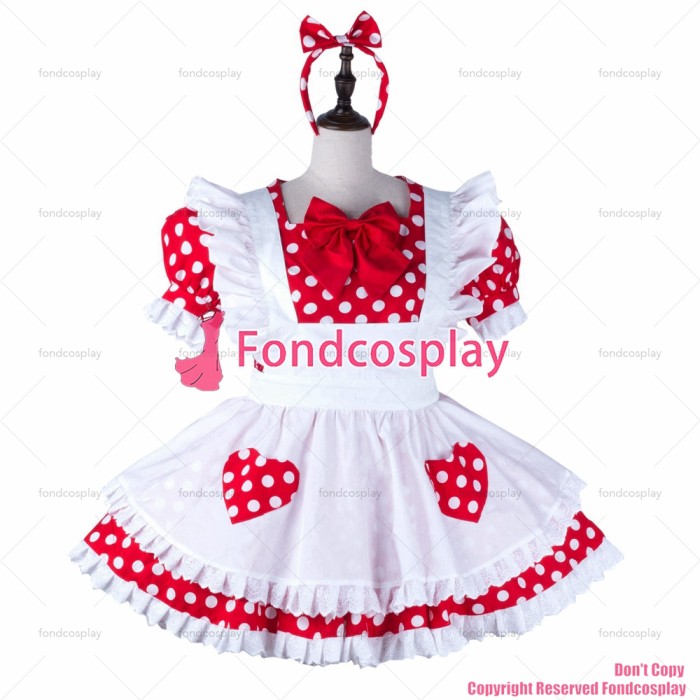 fondcosplay adult sexy cross dressing sissy maid Red dots cotton dress lockable Uniform white Heart apron CD/TV[G2240]