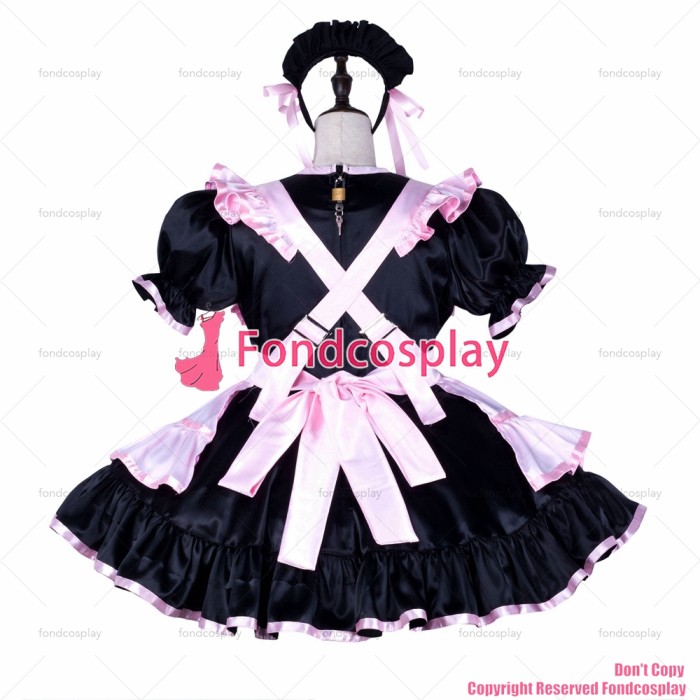 fondcosplay adult sexy cross dressing sissy maid short black satin dress lockable Uniform baby pink apron CD/TV[G2250]