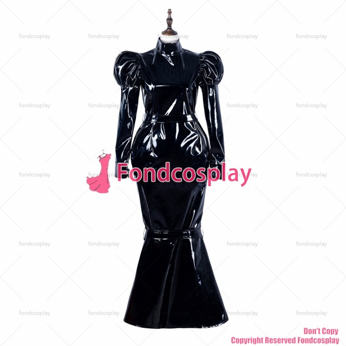 fondcosplay adult sexy cross dressing sissy maid long black heavy pvc dress lockable Uniform Fish tail CD/TV[G2299]
