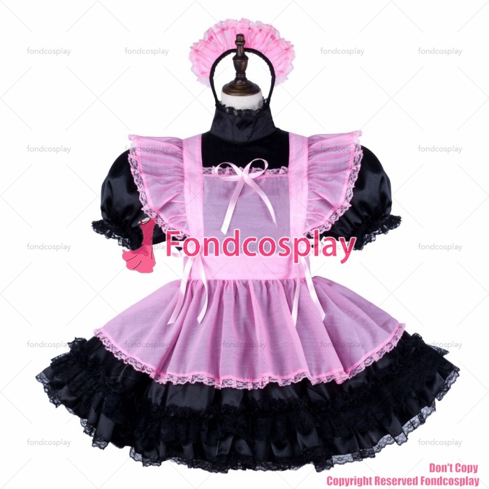 fondcosplay adult sexy cross dressing sissy maid short black satin dress lockable Uniform pink organza apron CD/TV[G2332]