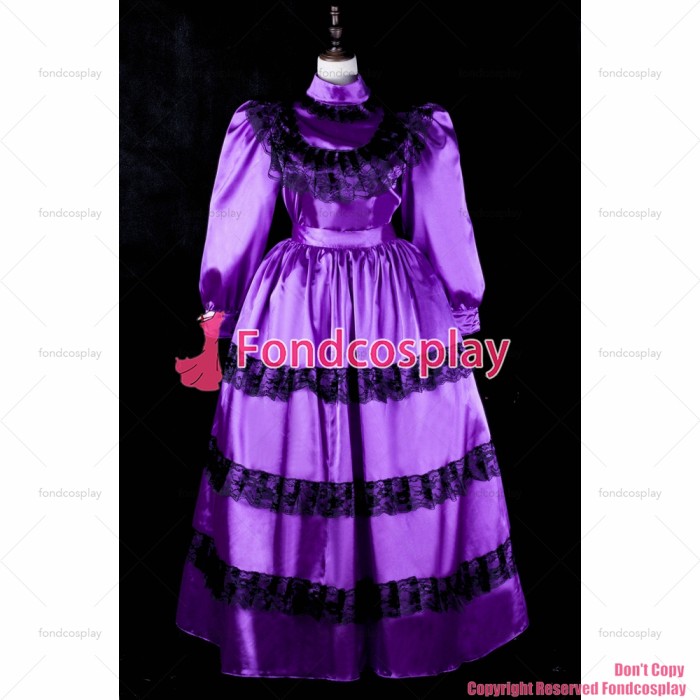 fondcosplay adult sexy cross dressing sissy maid long Gothic Purple satin outfit lockable shirt skirt Uniform CD/TV[G2368]