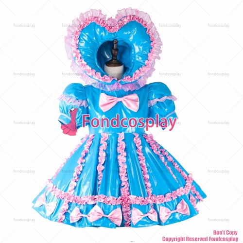 fondcosplay adult sexy cross dressing sissy maid baby blue thin PVC Dress lockable heart hood costume CD/TV[G2285]