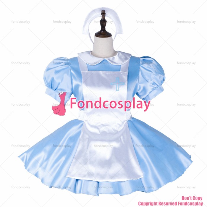 fondcosplay adult sexy cross dressing sissy maid short baby blue satin dress lockable Uniform white apron CD/TV[G2253]