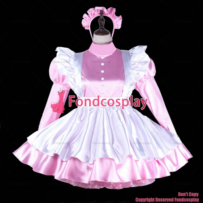 fondcosplay adult sexy cross dressing sissy maid baby pink satin dress lockable Uniform white apron costume CD/TV[G2244]