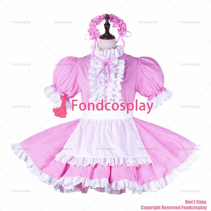 fondcosplay adult sexy cross dressing sissy maid short baby pink cotton dress lockable Uniform white apron CD/TV[G2258]