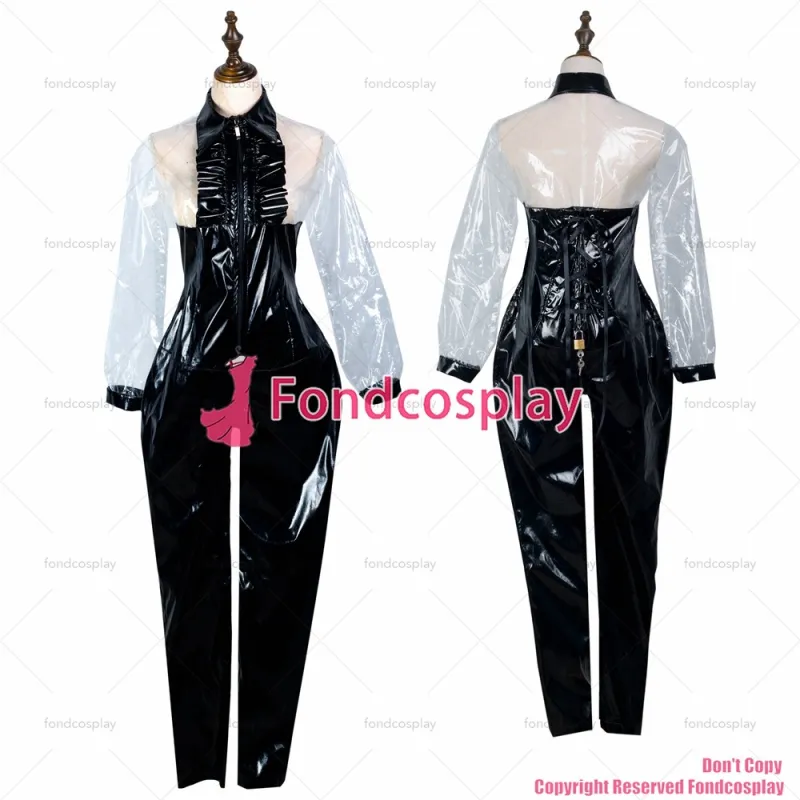 fondcosplay adult sexy cross dressing sissy maid long black thin clear pvc jumpsuits rompers lockable Uniform CD/TV[G2425]
