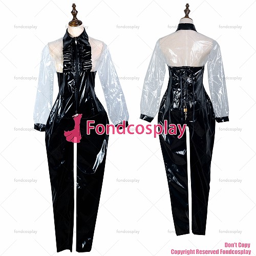 fondcosplay adult sexy cross dressing sissy maid long black thin clear pvc jumpsuits rompers lockable Uniform CD/TV[G2425]