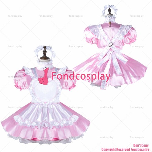 fondcosplay adult sexy cross dressing sissy maid baby pink satin dress lockable Uniform white apron costume CD/TV[G2280]