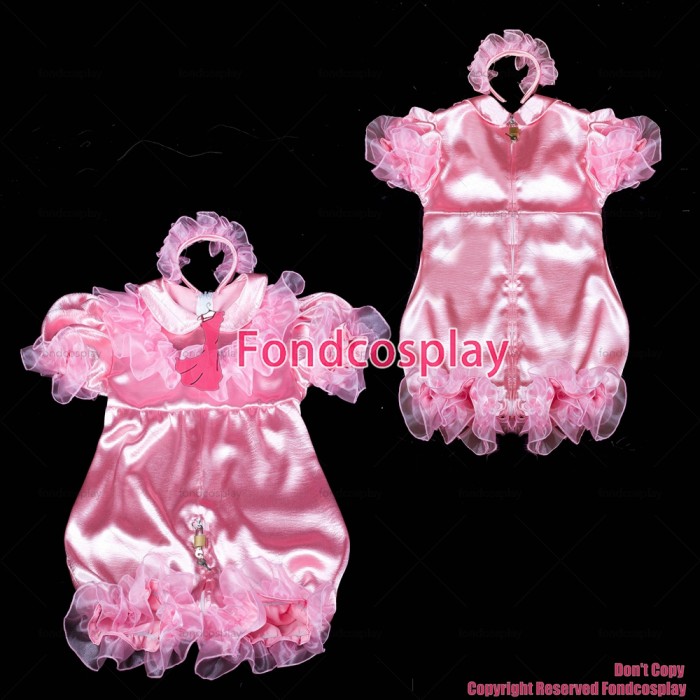 fondcosplay adult sexy cross dressing sissy maid baby pink satin Romper lockable Peter Pan collar Jumpsuit CD/TV[G2404]