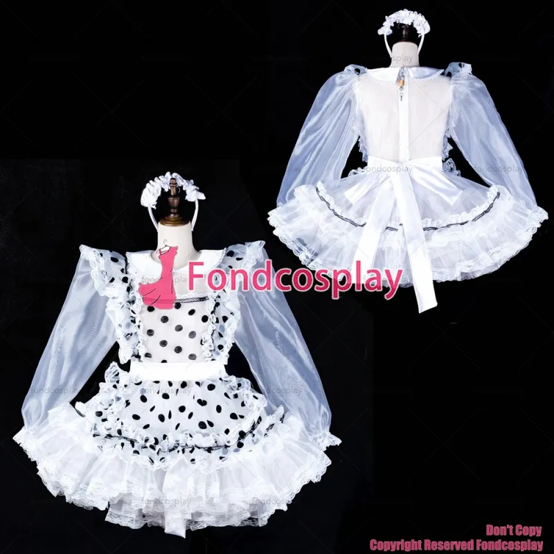 fondcosplay adult sexy cross dressing sissy maid short white Dots satin dress lockable organza Uniform CD/TV[G2324]