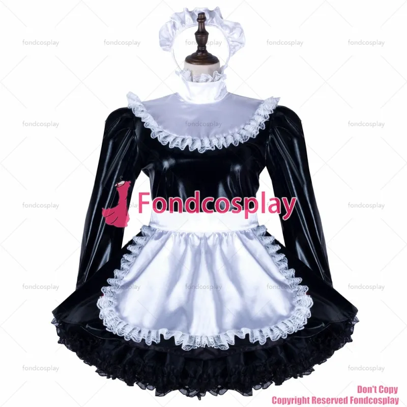 fondcosplay adult sexy cross dressing sissy maid Elastic black thin pvc dress lockable Uniform white apron CD/TV[G2348]