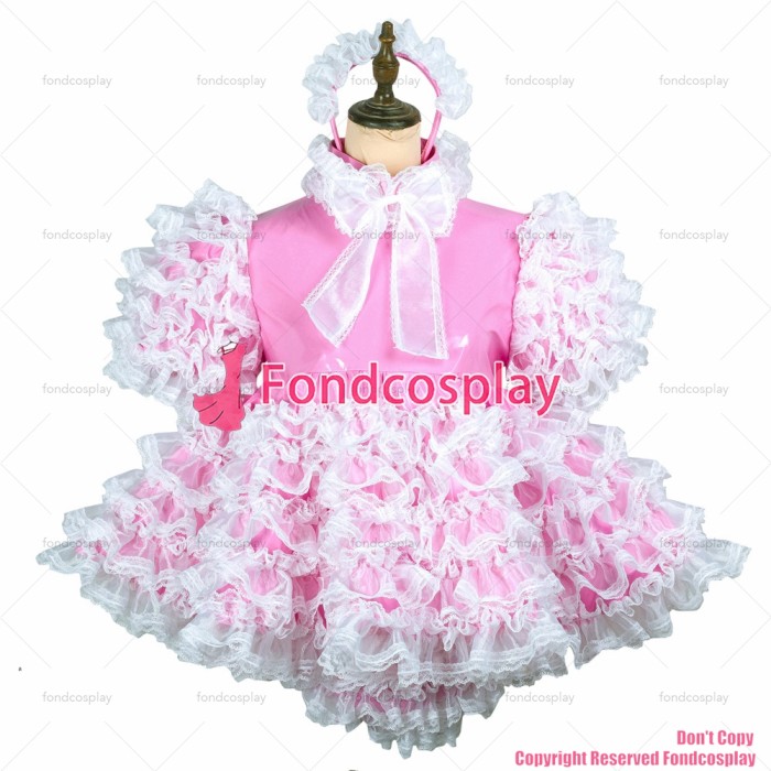 fondcosplay adult sexy cross dressing sissy maid short baby pink thin pvc dress lockable Uniform costume CD/TV[G2432]