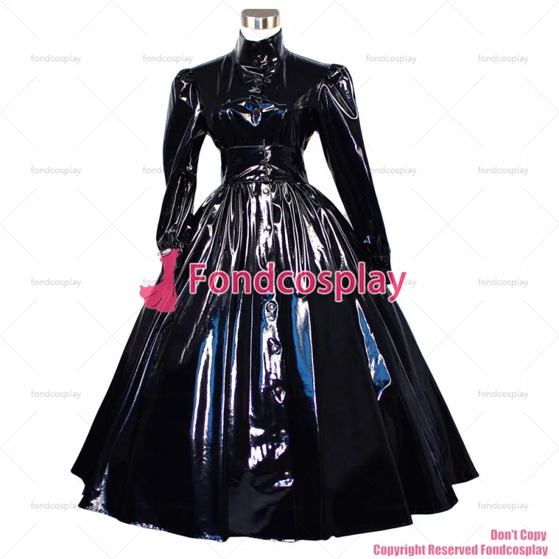 fondcosplay adult sexy cross dressing sissy maid long Gothic lolita punk black thin PVC dress cosplay costume CD/TV[G268]