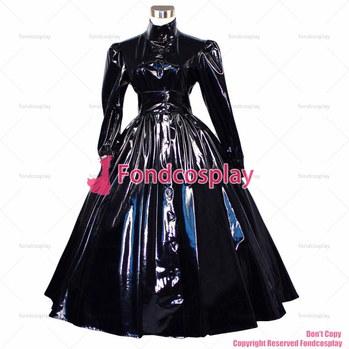 fondcosplay adult sexy cross dressing sissy maid long Gothic lolita punk black thin PVC dress cosplay costume CD/TV[G268]