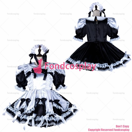 fondcosplay adult sexy cross dressing sissy maid short black white satin dress lockable Uniform costume CD/TV[G2350]