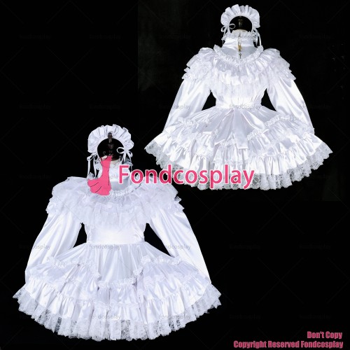 fondcosplay adult sexy cross dressing sissy maid short white satin dress lockable lace Uniform costume CD/TV[G2327]