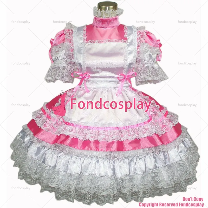 fondcosplay adult sexy cross dressing sissy maid short Pink Satin Dress Lockable Uniform white apron Costume CD/TV[G265]