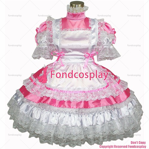 fondcosplay adult sexy cross dressing sissy maid short Pink Satin Dress Lockable Uniform white apron Costume CD/TV[G265]