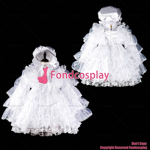 fondcosplay adult sexy cross dressing sissy maid white organza satin dress lockable Uniform headpiece hood CD/TV[G2408]