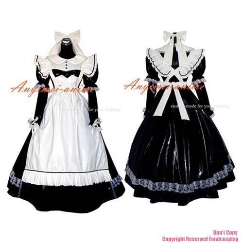 fondcosplay adult sexy cross dressing sissy maid long black thin Pvc Dress Lockable Uniform white apron CD/TV[G273]
