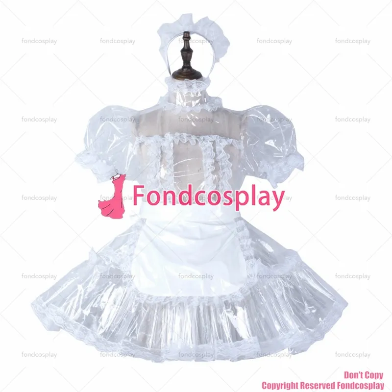 fondcosplay adult sexy cross dressing sissy maid short clear pvc dress lockable Uniform white apron costume CD/TV[G2297]
