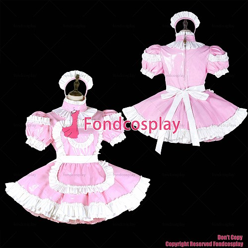 fondcosplay adult sexy cross dressing sissy maid short baby pink heavy pvc dress lockable Uniform apron costume CD/TV[G2242]