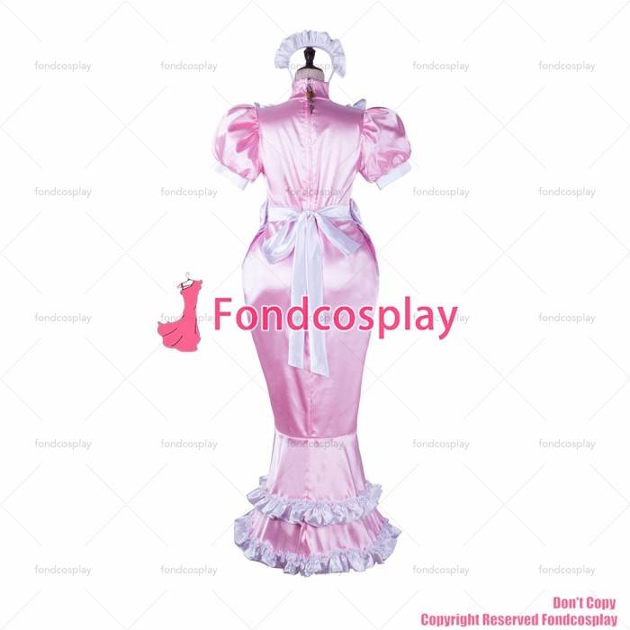 fondcosplay adult sexy cross dressing sissy maid long baby pink satin fish tail dress lockable white apron CD/TV[G2361]