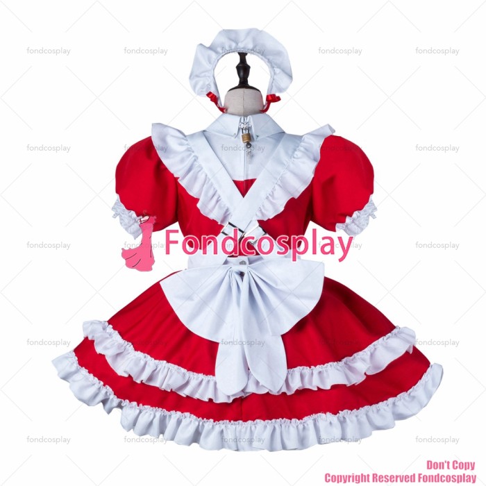 fondcosplay adult sexy cross dressing sissy maid short red cotton dress lockable Uniform white apron costume CD/TV[G2248]