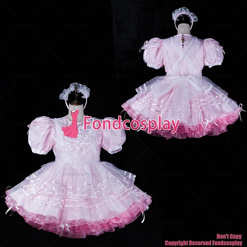 fondcosplay adult sexy cross dressing sissy maid baby pink satin organza dress lockable Uniform apron costume CD/TV[G2312]