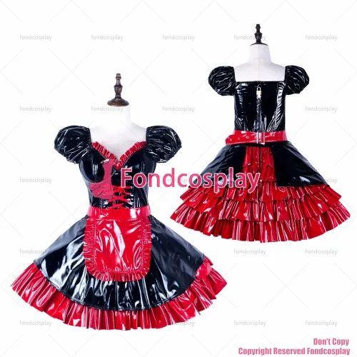 fondcosplay adult sexy cross dressing sissy maid red black thin pvc dress lockable Uniform apron costume CD/TV[G2287]