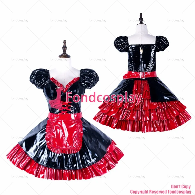 fondcosplay adult sexy cross dressing sissy maid red black thin pvc dress lockable Uniform apron costume CD/TV[G2287]