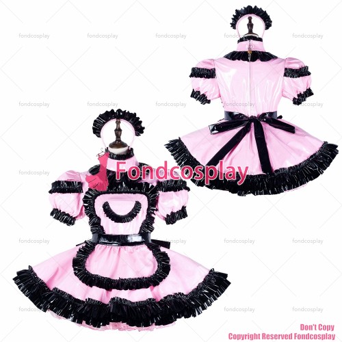 fondcosplay adult sexy cross dressing sissy maid short baby pink thin pvc dress lockable Uniform apron CD/TV[G2243]