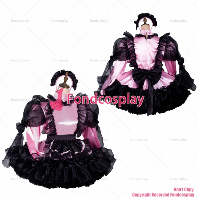 fondcosplay adult sexy cross dressing sissy maid baby pink satin dress lockable Uniform black apron costume CD/TV[G2415]