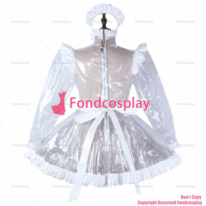 fondcosplay adult sexy cross dressing sissy maid short clear pvc dress lockable Uniform Heart apron costume CD/TV[G2298]
