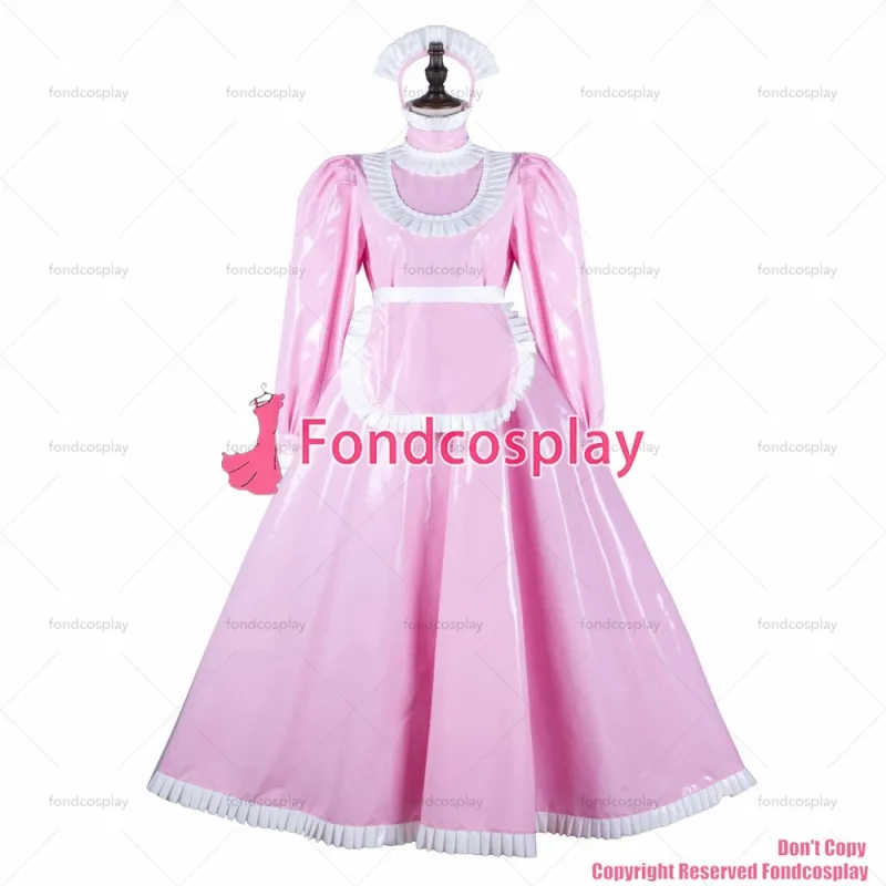 fondcosplay adult sexy cross dressing sissy maid long baby pink heavy pvc dress lockable Uniform apron CD/TV[G2359]