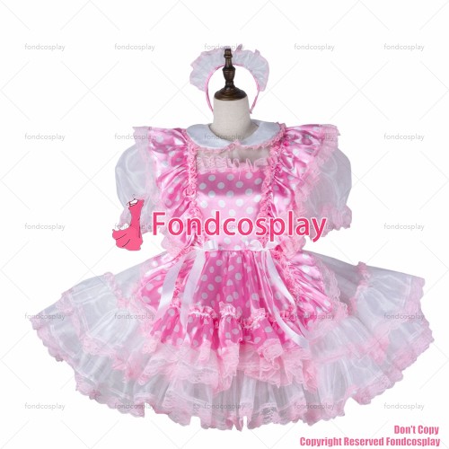 fondcosplay adult sexy cross dressing sissy maid short baby pink satin organza dress lockable Uniform apron CD/TV[G2270]
