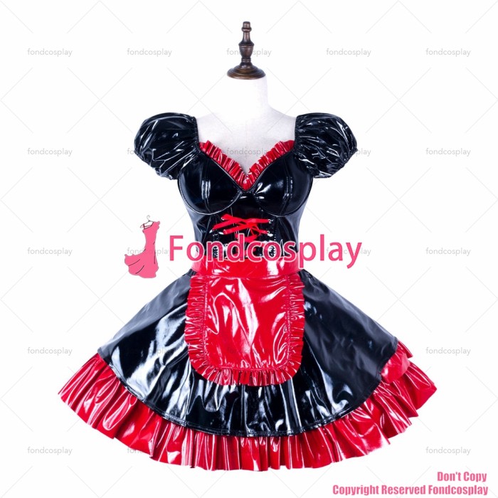 fondcosplay adult sexy cross dressing sissy maid red black thin pvc dress lockable Uniform apron costume CD/TV[G2287]
