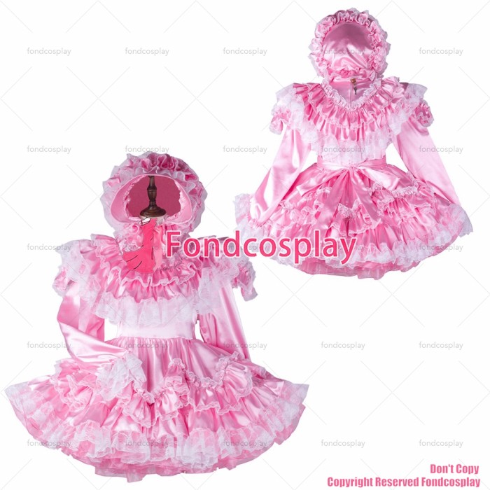 fondcosplay adult sexy cross dressing sissy maid short baby pink satin dress lockable cap Uniform costume CD/TV[G2364]