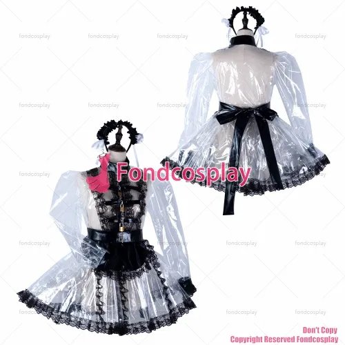 fondcosplay adult sexy cross dressing sissy maid short clear pvc dress lockable Uniform black apron costume CD/TV[G2295]