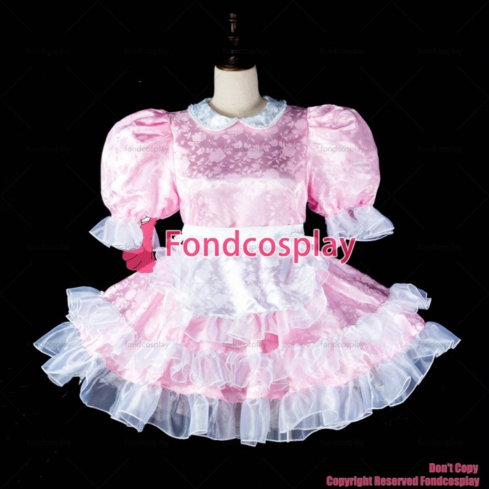 fondcosplay adult sexy cross dressing sissy maid baby pink satin dress lockable Uniform white aporn headpiece CD/TV[G2407]