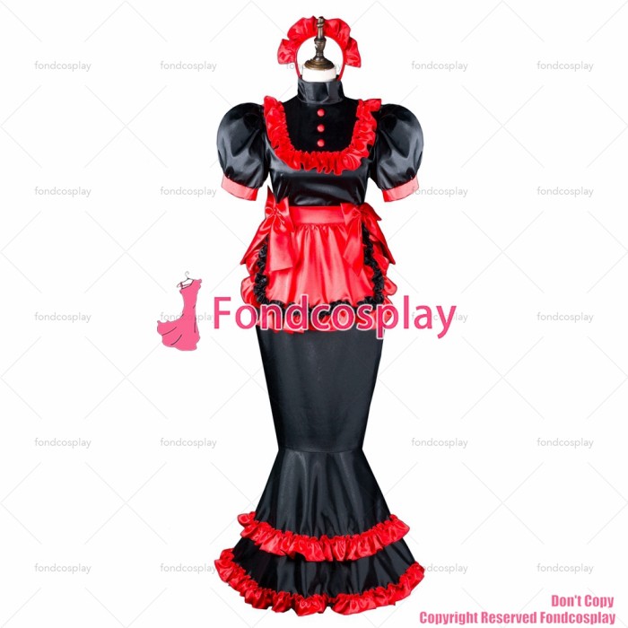 fondcosplay adult sexy cross dressing sissy maid long black satin dress lockable Uniform red apron Fish tail CD/TV[G2406]