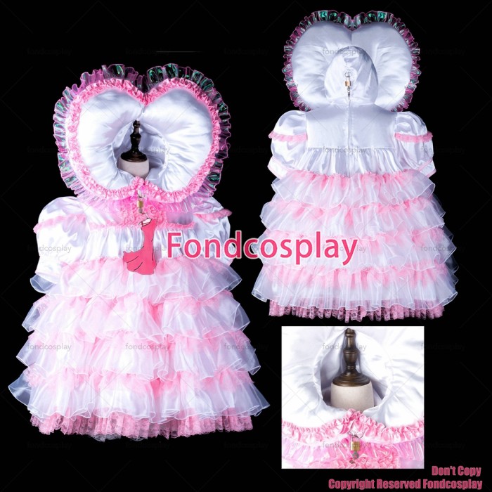 fondcosplay adult sexy cross dressing sissy maid baby pink white Satin Organza heart hood dress lockable costume CD/TV[G2391]