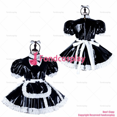 fondcosplay adult sexy cross dressing sissy maid short black heavy pvc dress lockable Uniform apron costume CD/TV[G2232]