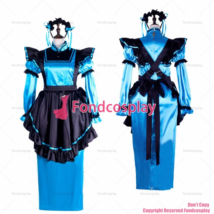 fondcosplay adult sexy cross dressing sissy maid long blue satin dress lockable Uniform black apron costume CD/TV[G2303]