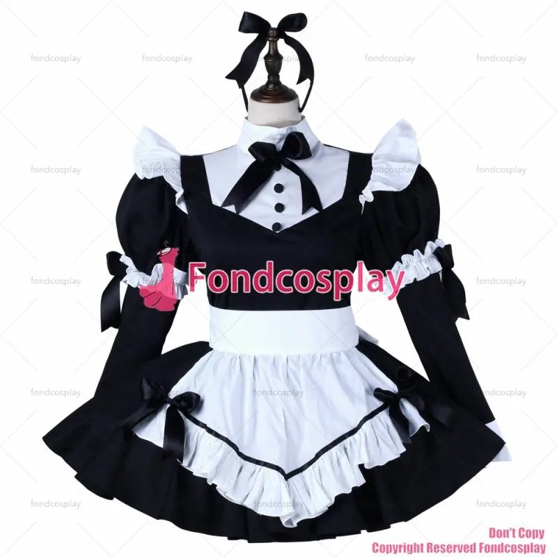 fondcosplay adult sexy cross dressing sissy maid short black cotton dress lockable Uniform white apron CD/TV[G2275]