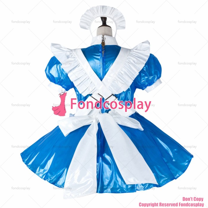 fondcosplay adult sexy cross dressing sissy maid blue clear pvc dress lockable Uniform white apron costume CD/TV[G2286]