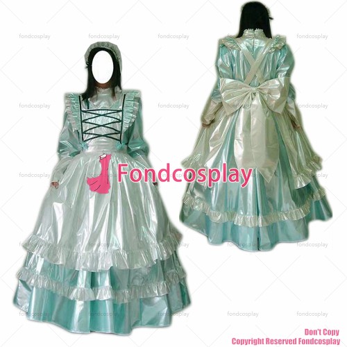fondcosplay adult sexy cross dressing sissy maid long Light green thin pvc dress lockable Uniform white apron CD/TV[G2455]