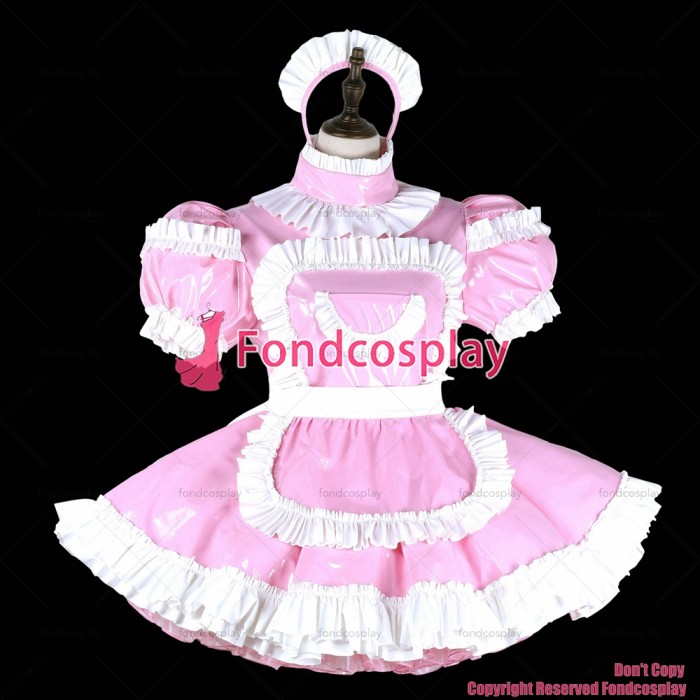 fondcosplay adult sexy cross dressing sissy maid short baby pink heavy pvc dress lockable Uniform apron costume CD/TV[G2242]